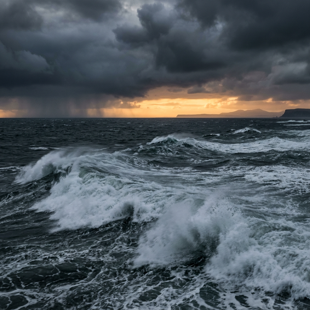Turbulent ocean waves crashing under dark storm clouds with sunset light