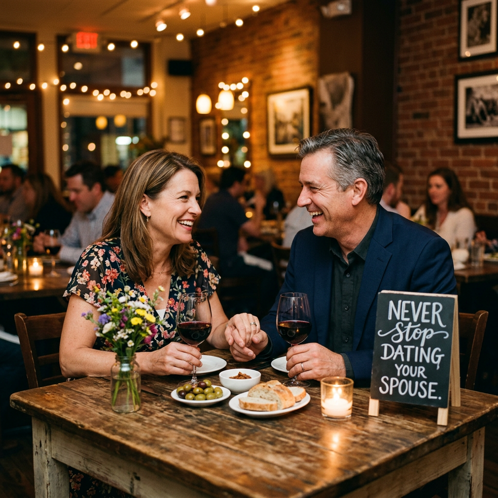 Couple laughing over wine at a restaurant beside sign reading “NEVER STOP DATING YOUR SPOUSE.”